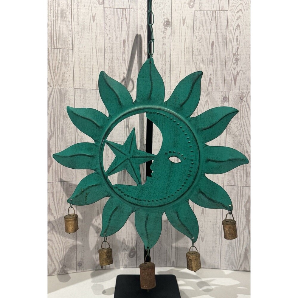 Metal Celestial Wind Chime Moon Sun Star Hanging Chime Rustic Turquoise